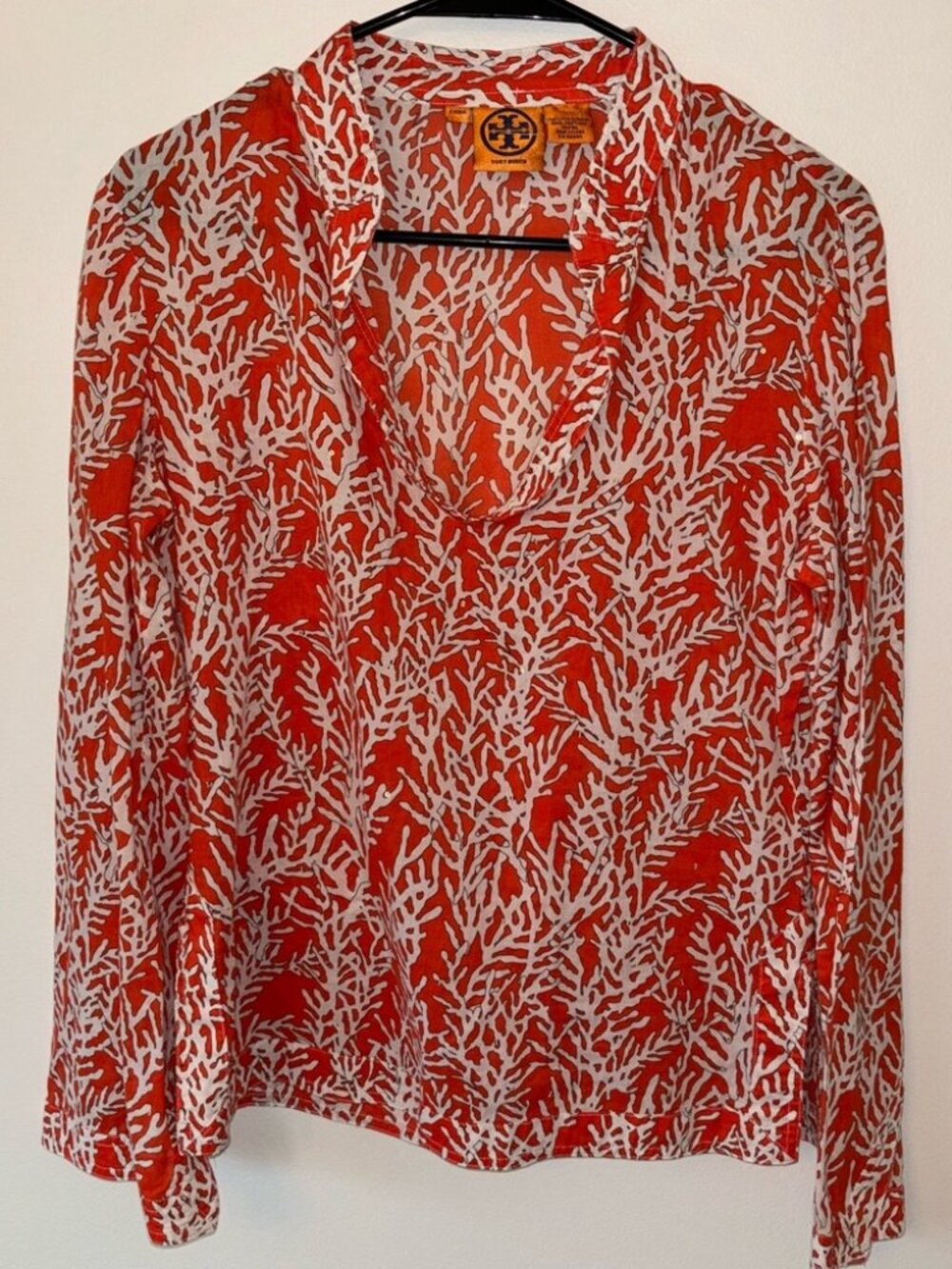 Tory Burch Coral and White Printed V-Neck Long-Sleeve Blouse